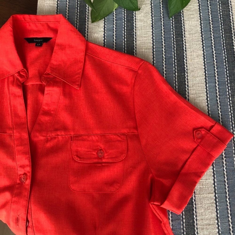 Haggar Casual Short Sleeve Button Down Polyester Shirt Orange/Red Sz S NWOT - Picture 2 of 10